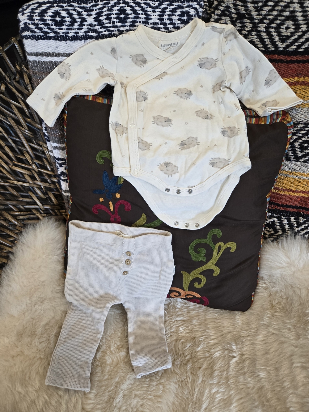 Rabbit + Bear Neutral Sheep Print Wrap One-Piece & Pants Set